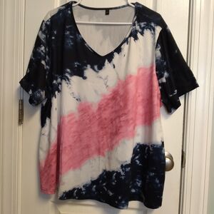 Women's Pink & Navy Tie-Dye V-Neck Top Summer Casual Lightweight
